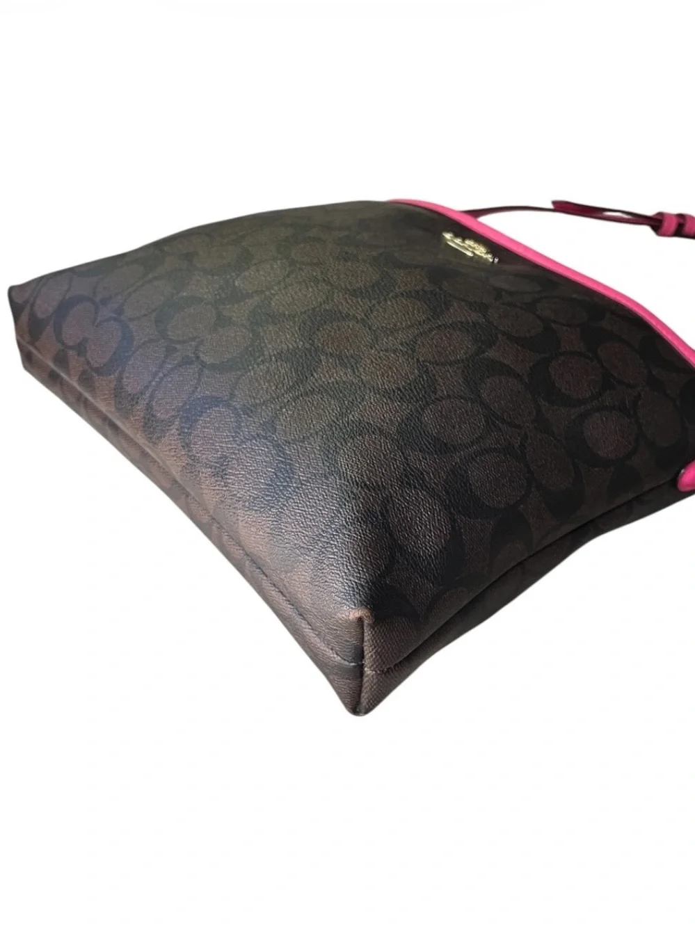 Coach Signature Print File Bag Crossbody, Dark Brown w/ Fuchsia Leather Piping